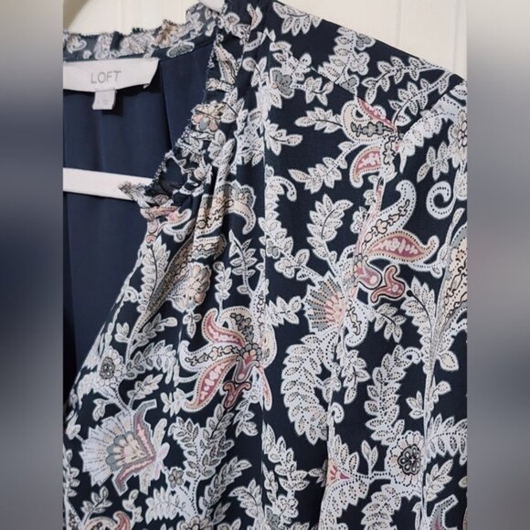 LOFT Women's Vine Ruffle Floral Paisley Split Neck Shirt Dress - Picture 7 of 16